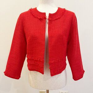 Karl Lagerfeld Blazer Womens Medium Red Tweed Fringe Open Front Cropped Designer